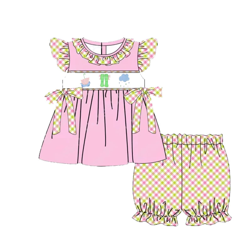 preorder GSSO1876 baby girl umbrella rain boots pink bows flutter sleeve pink checkered shorts set