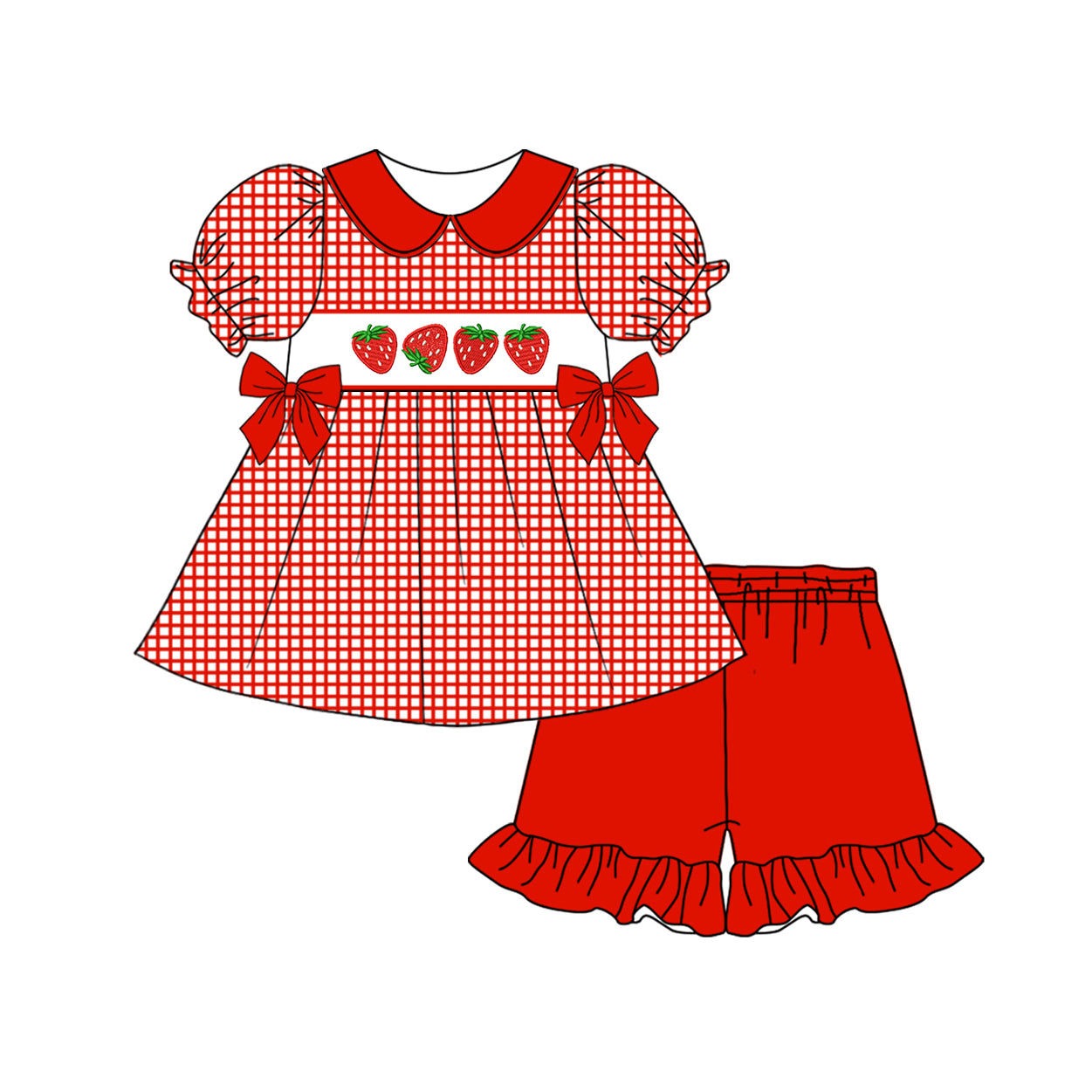 preorder GSSO1877 cute strawberry bows red checkered short sleeve red shorts girls set