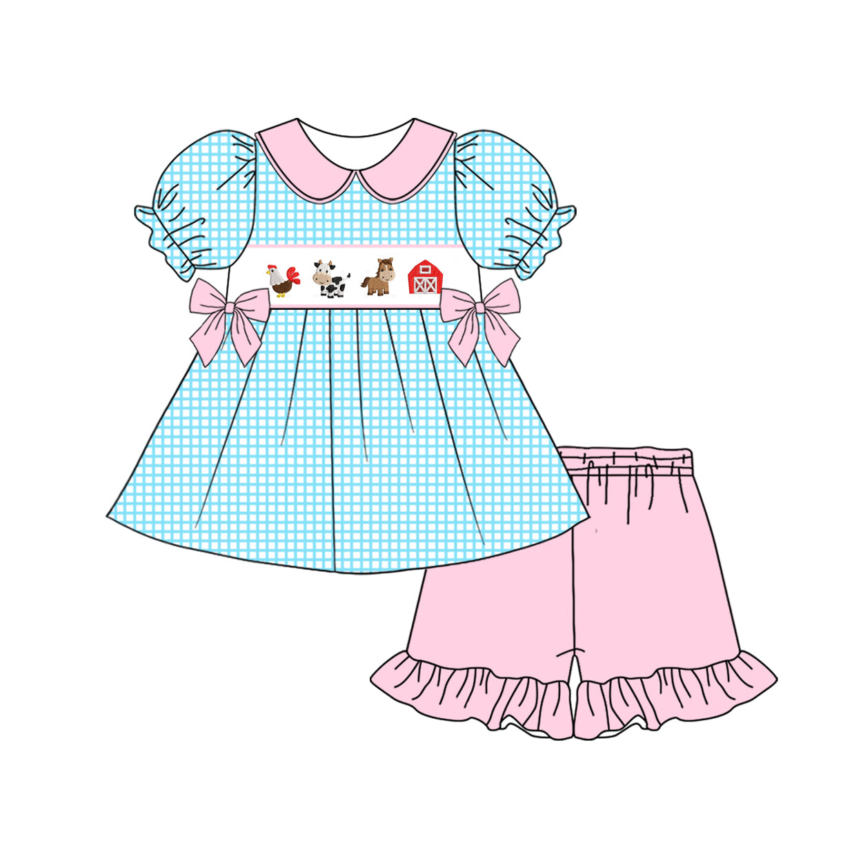 preorder GSSO1878 Farm house chick cow horse blue checkered short sleeve pink shorts girls set