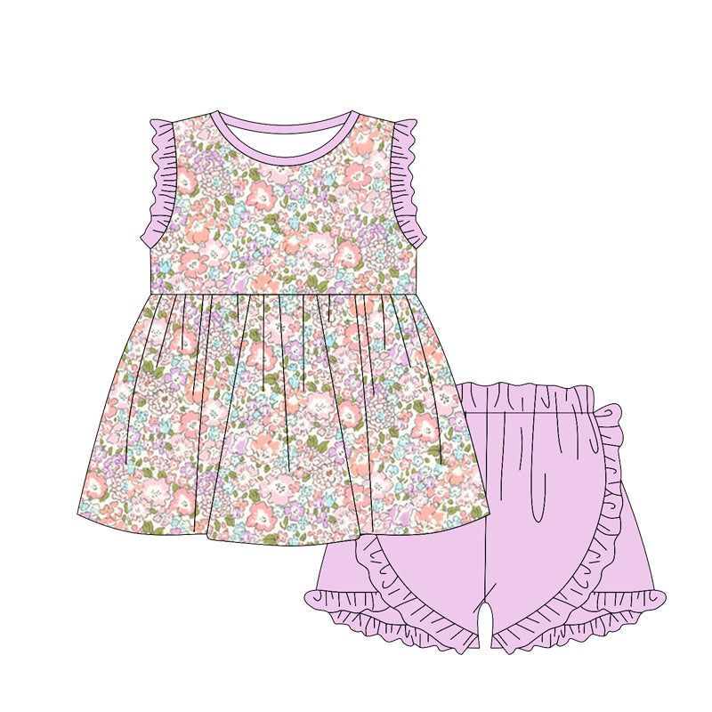 preorder GSSO1888 colorful flowers purple ruffles sleeveless purple shorts girls set