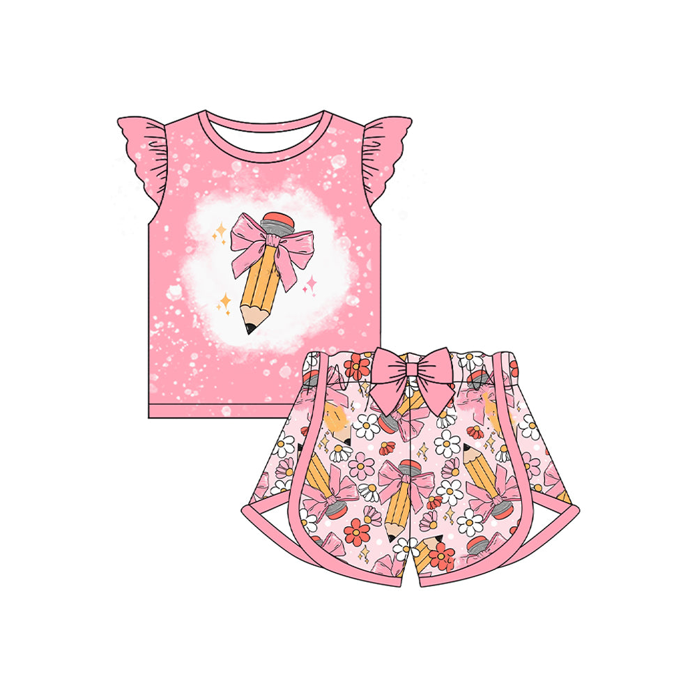 preorder GSSO1890 back to school pen bows pink flutter sleeve flowers shorts girls set