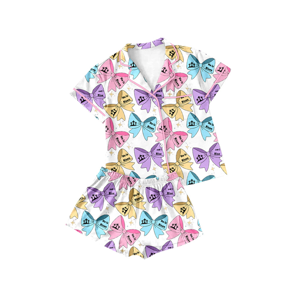 preorder GSSO1892 Easter cross colorful bows pink short sleeve shorts buttons girls pajamas
