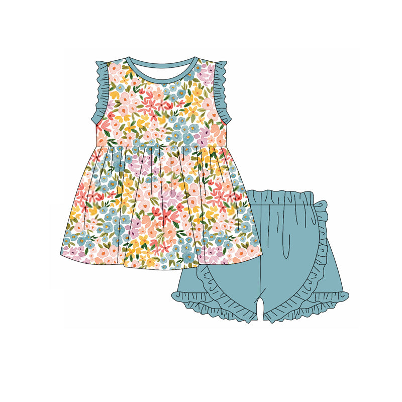preorder GSSO1894 colorful flowers blue ruffles sleeve blue shorts girls set