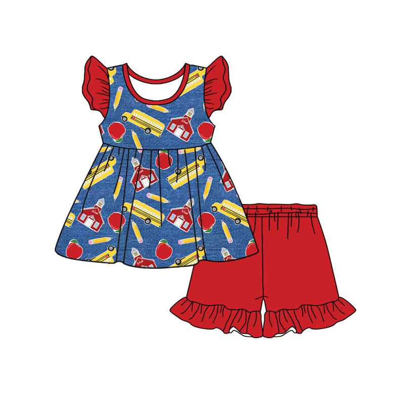 preorder GSSO1896 back to school pen bus apple blue flutter sleeve red shorts girls set