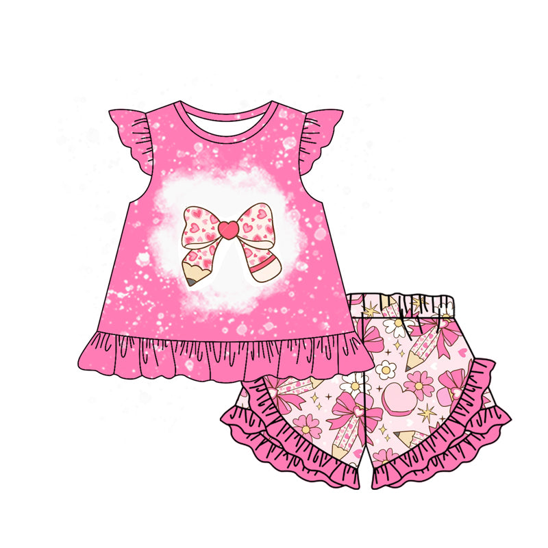 preorder GSSO1911 back to school bows pen hot pink flutter sleeve ruffles flowers shorts girls set