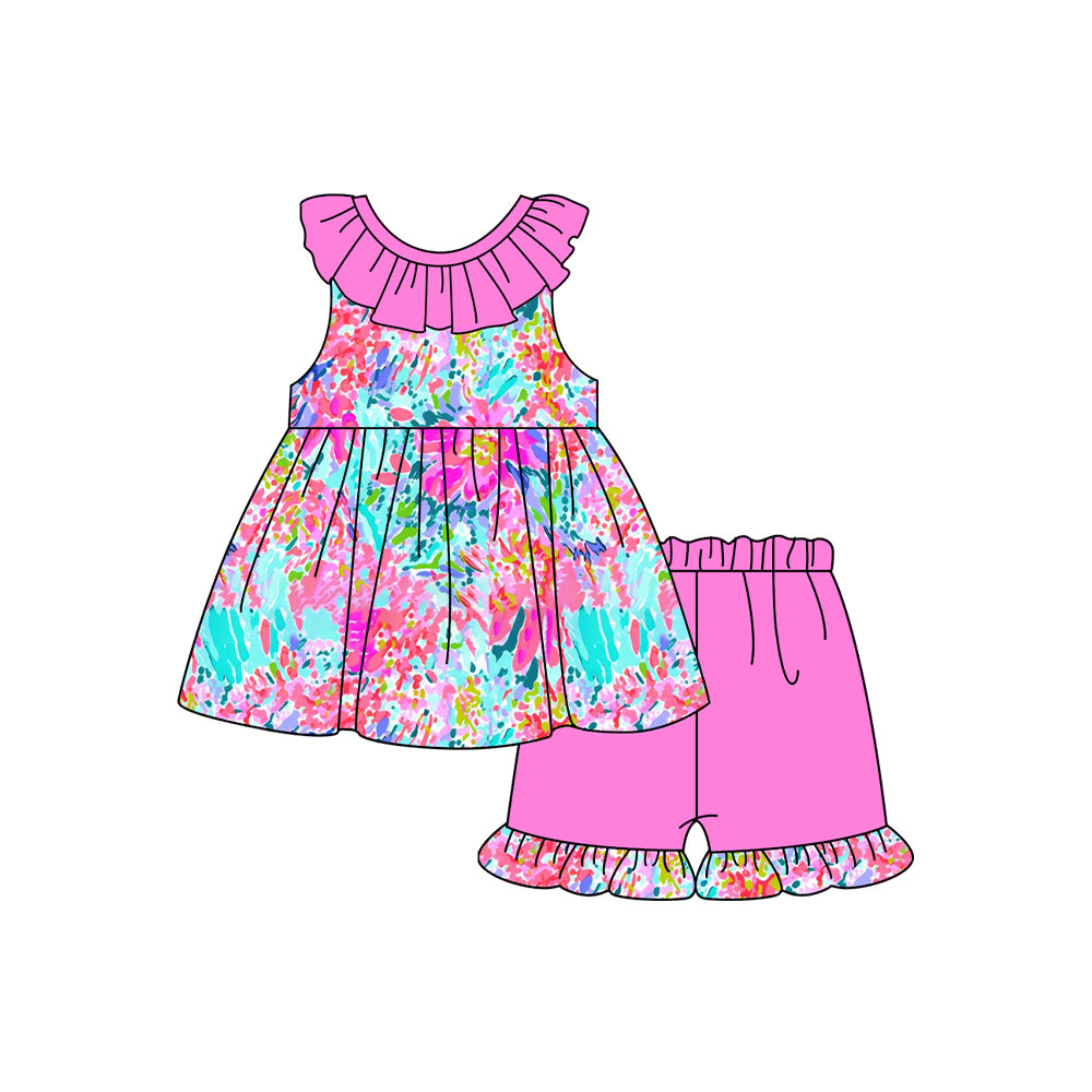 preorder GSSO1931 Colorfu Flowers Printing Ruffles Hot Pink Shorts Girls Set