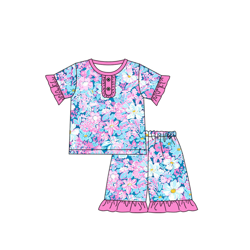 preorder GSSO1935 Colorful Flowers Blue Purple Short Sleeve Shorts Girls Pajamas