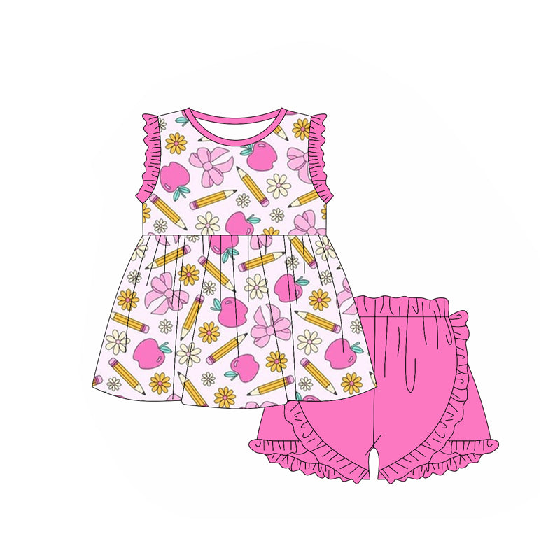 preorder GSSO1939 Back To School Pen Apple Bows Ruffles Sleeve Hot Pink Shorts Girls Set