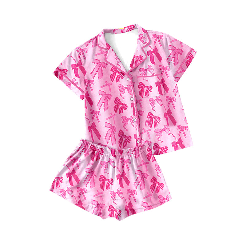 preorder GSSO1942 Hot Pink Bows Pocket Short Sleeve Shorts Adult Women Pajamas