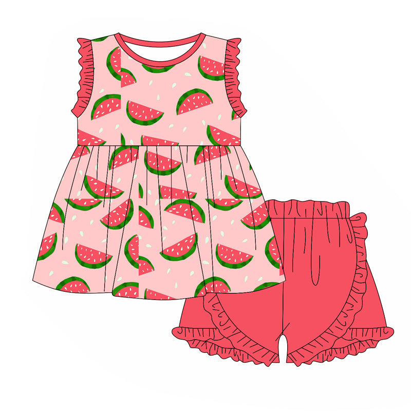 preorder GSSO1950 Watermelon Ruffles Sleeve Watermelon Red Shorts Girls Set
