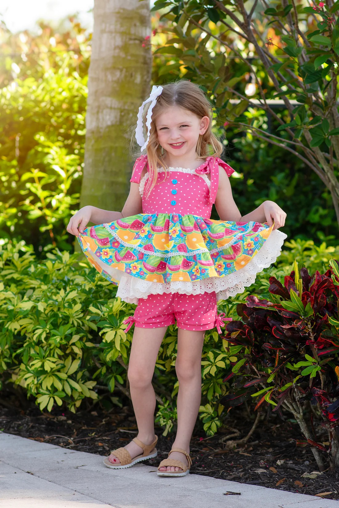 preorder GSSO1951 Watermelon Orange Hot Pink Straps Hot Pink Shorts Girls Set