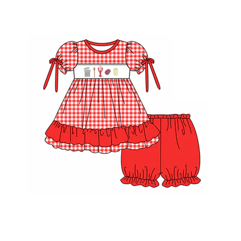 preorder GSSO1958 Crayfish Corn Red Checkered Short Sleeve Shorts Girls Set