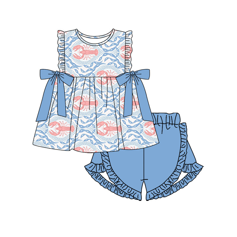 preorder GSSO1960 Red Crayfish Blue Bows Ruffles Blue Shorts Girls Set