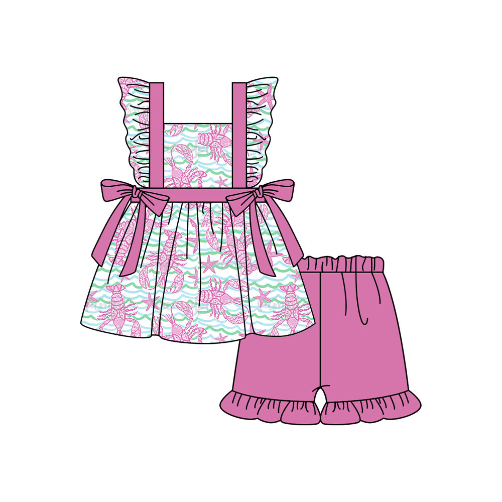 preorder GSSO1961 Hot Pink Crayfish Bows Flutter Sleeve Hot Pink Shorts Girls Set