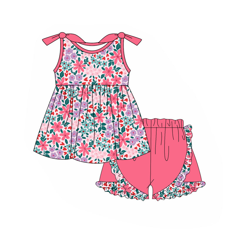 preorder GSSO1962 Colorful Flowers Pink Bows Sleeveless Pink Ruffles Shorts Girls Set