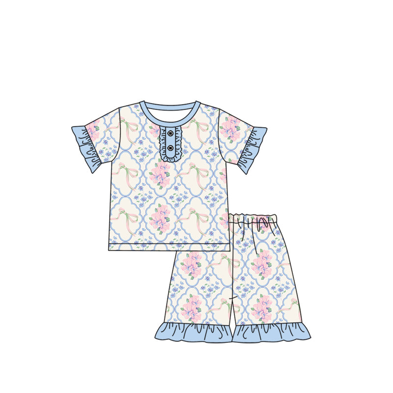 preorder GSSO1963 Pink Flowers Bows Blue Short Sleeve Shorts Girls Pajamas