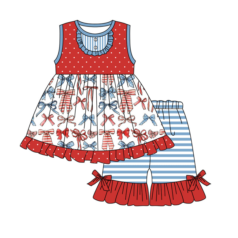 preorder GSSO1965 July 4th Red Blue Bows Sleeveless Blue Striped Shorts Girls Set
