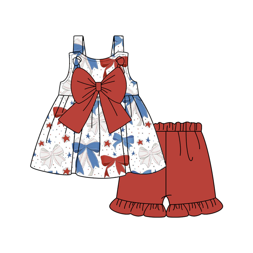 preorder GSSO1968 July 4th Red Blue Bows With Big Bow Top Shorts Girls Set
