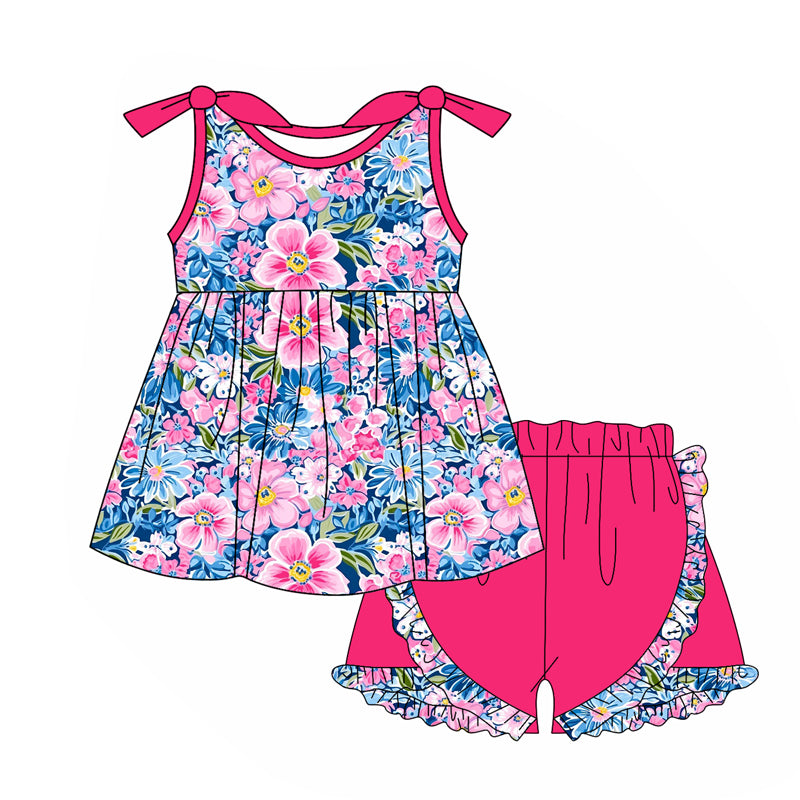 preorder GSSO1970 Colorful Flowers Bows Top Hot Pink Shorts Girls Set