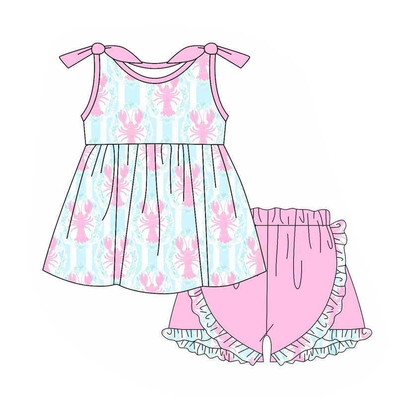 preorder GSSO1971 Pink Crayfish Blue Bows Top Pink Shorts Girls Set