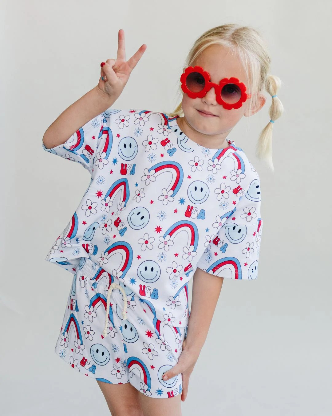 preorder GSSO1973 July 4th USA Rainbow Smile Flowers Short Sleeve Shorts Girls Set