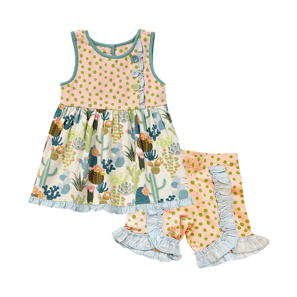 preorder GSSO1976 Cactus Flowers Dot Sleeveless Green Dot Shorts Girls Set