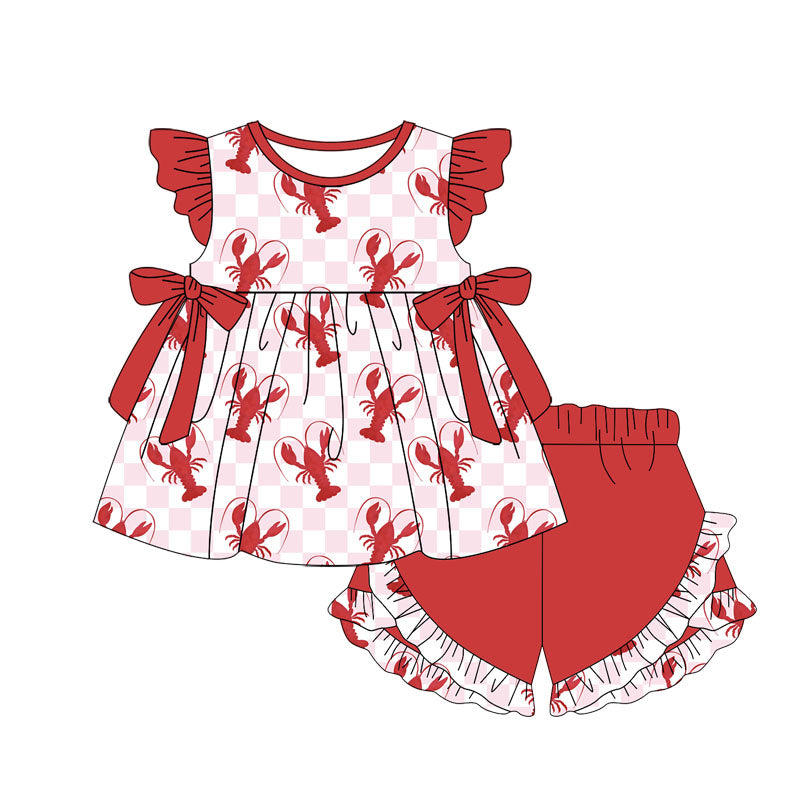 preorder GSSO1977 Crayfish Bows Pink Checkered Flutter Sleeve Red Shorts Girls Set