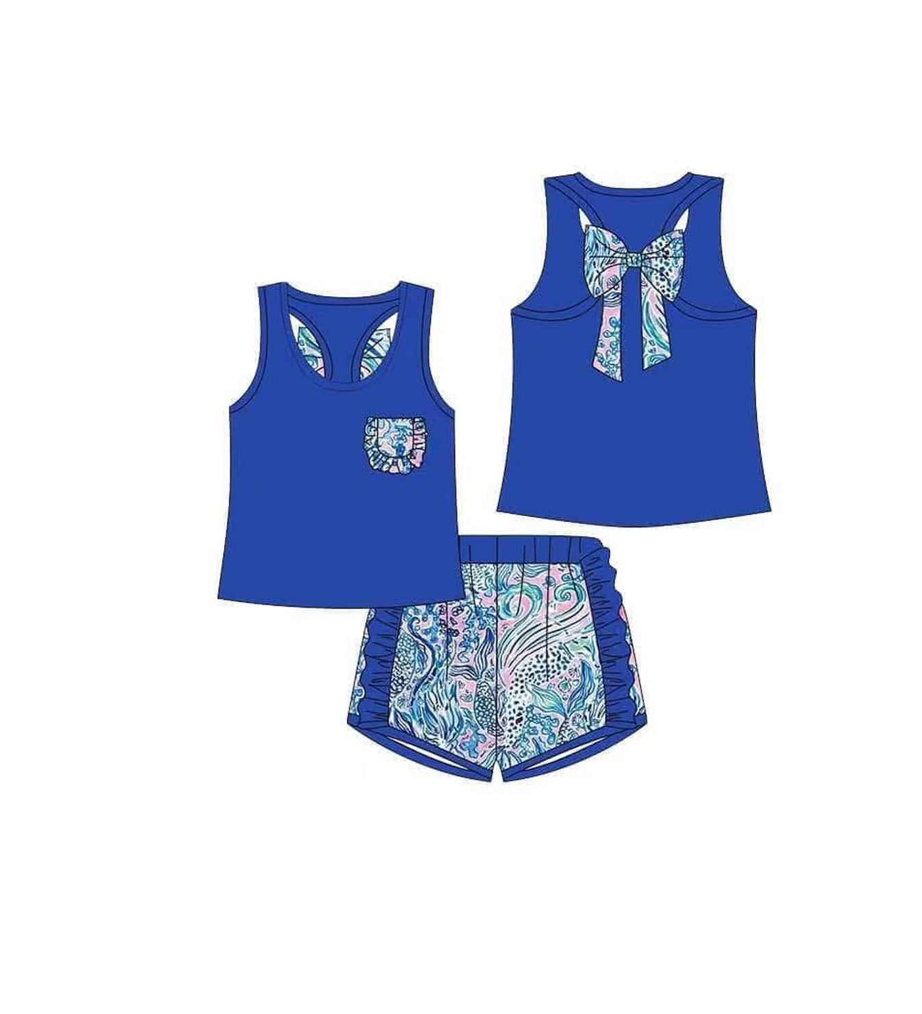 preorder GSSO1980 Navy Blue Pocket With Bows Top Blue Printing Shorts Girls Set
