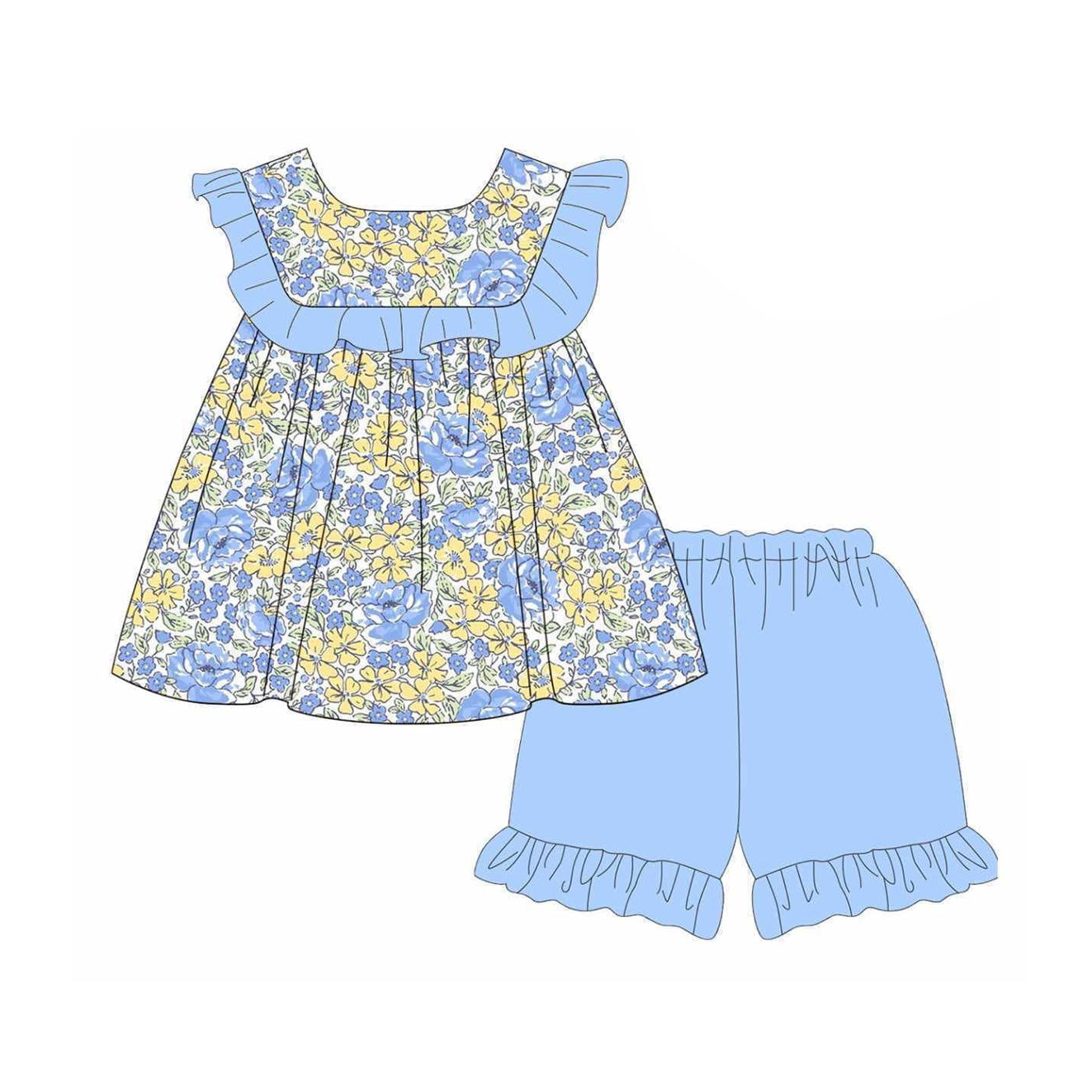 preorder GSSO1985 Blue Yellow Flowers Flutter Sleeve Blue Shorts Girls Set