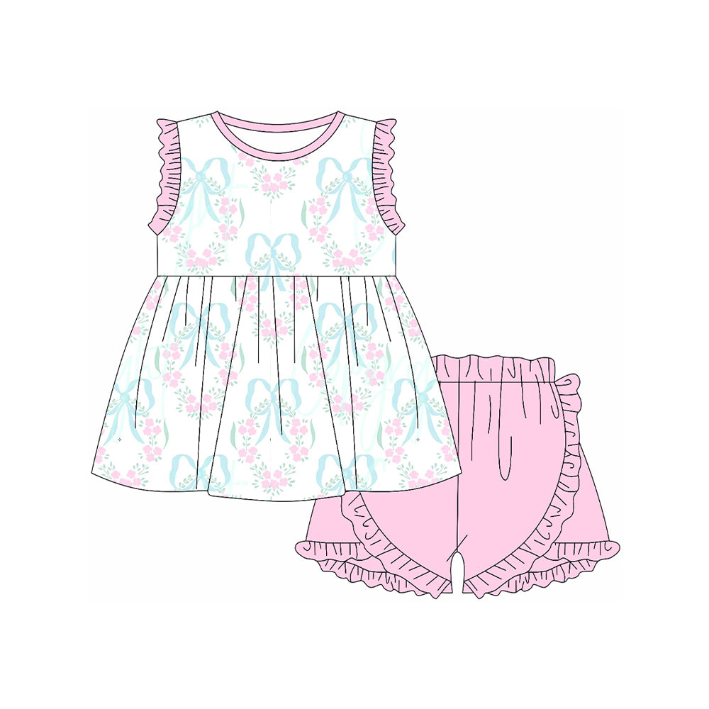 preorder GSSO1986 Pink Flowers Blue Bows Ruffles Sleeve Pink Shorts Girls Set