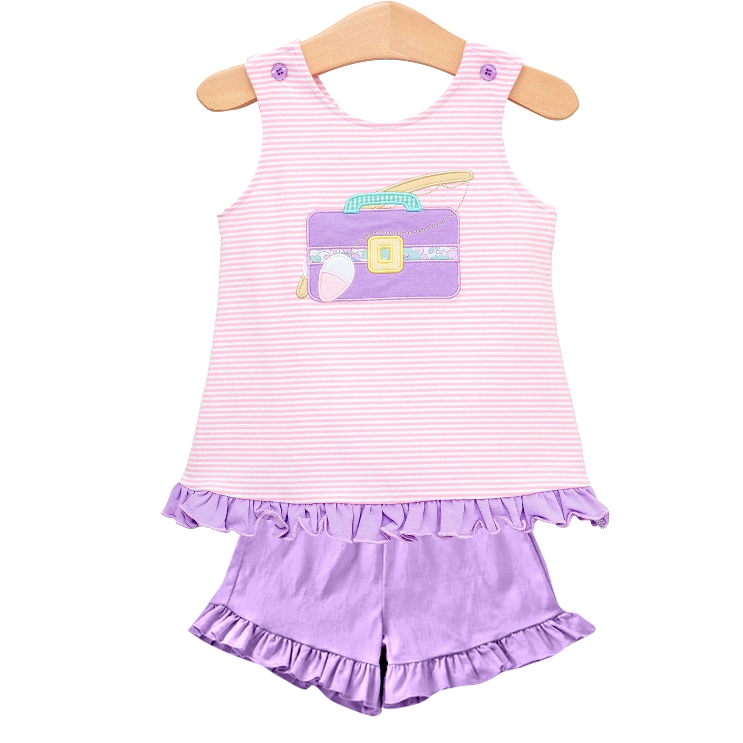 preorder GSSO1987 Hunting Fishing Pink Striped Sleeveless Purple Shorts Girls Set