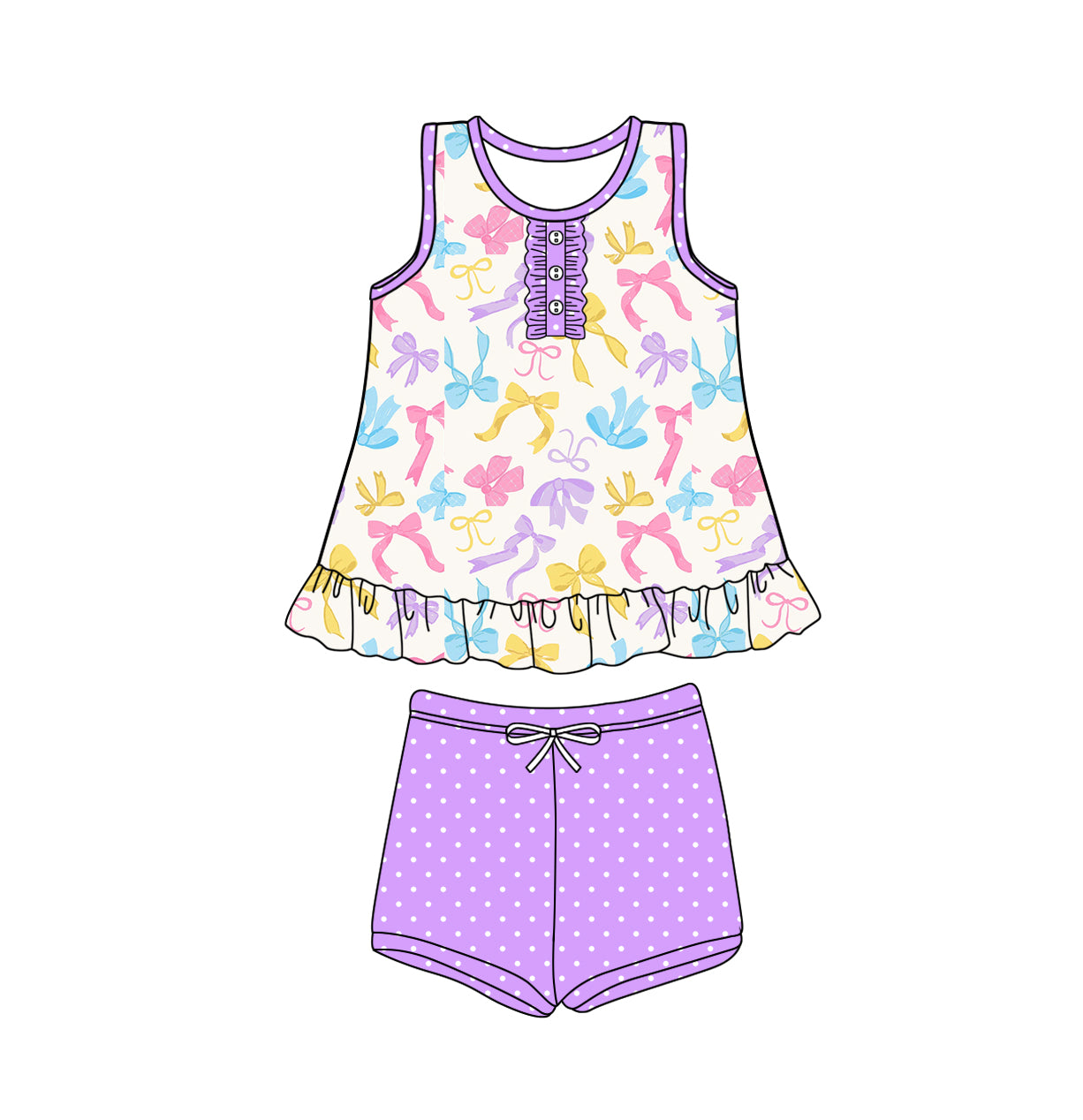 preorder GSSO1990 colorful bows sleeveless purple dot shorts girls set