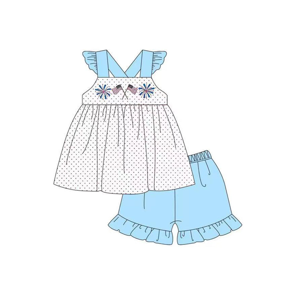 preorder GSSO1994 July 4th Flag Fireworks Dot Flutter Sleeve Blue Shorts Girls Set