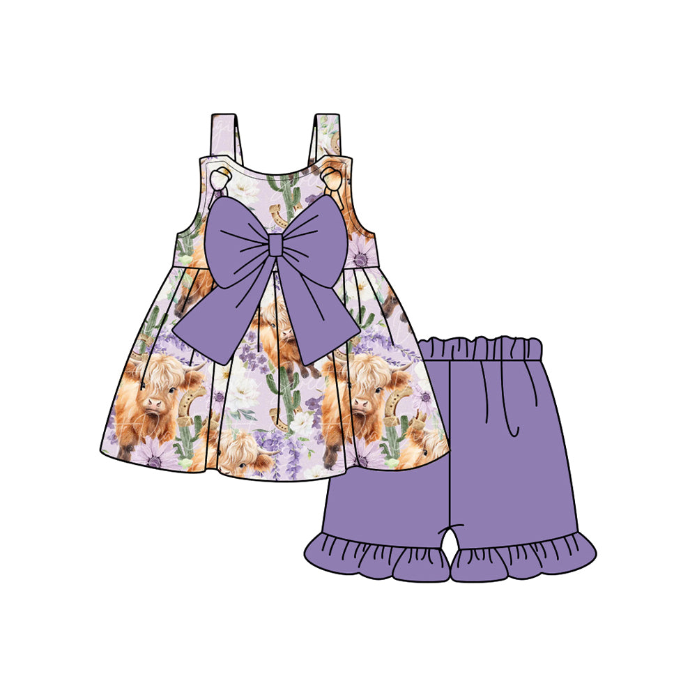 preorder GSSO2000 Western highland cow flowers with bow top purple shorts girls set