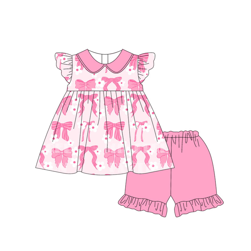 preorder GSSO2002 pink flowers bows flutter sleeve shorts girls set