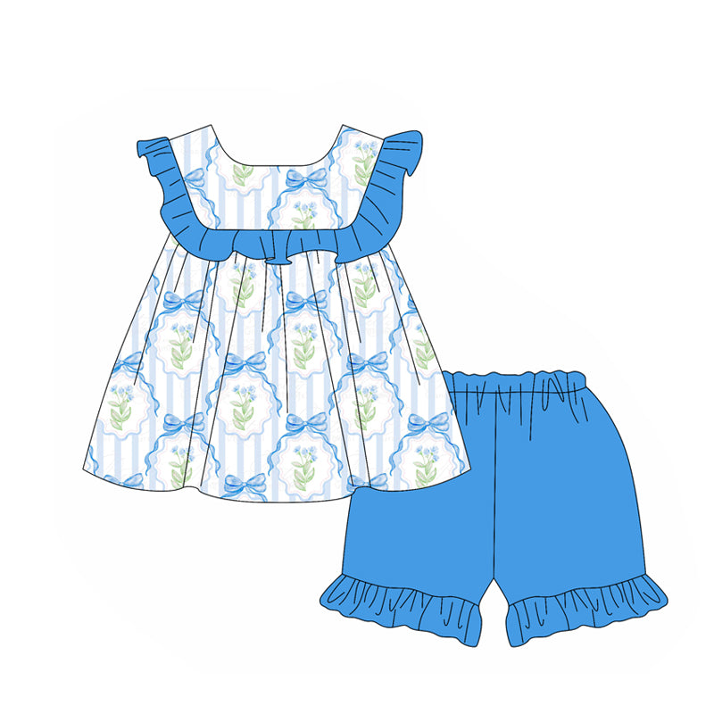preorder GSSO2004 blue bows flowers ruffles flutter sleeve shorts girls set