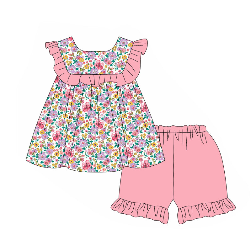 preorder GSSO2005 colorful flowers ruffles flutter sleeve pink shorts girls floral set