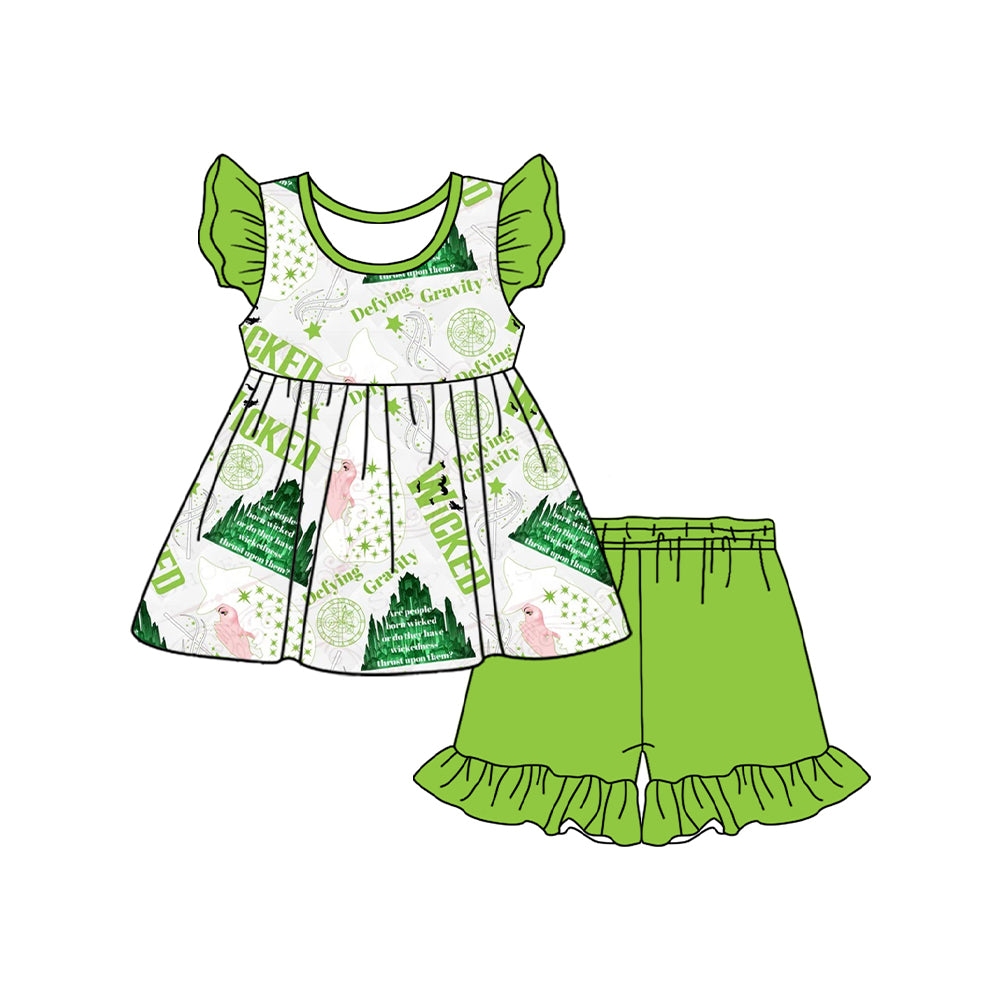 preorder GSSO2007 moive green castle star flutter sleeve green shorts girls set