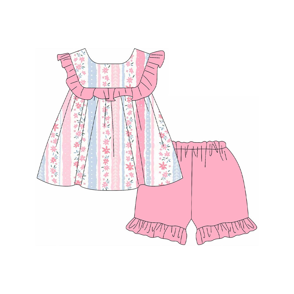 preorder GSSO2012 pink flowers pink blue striped ruffles sleeve pink shorts girls set