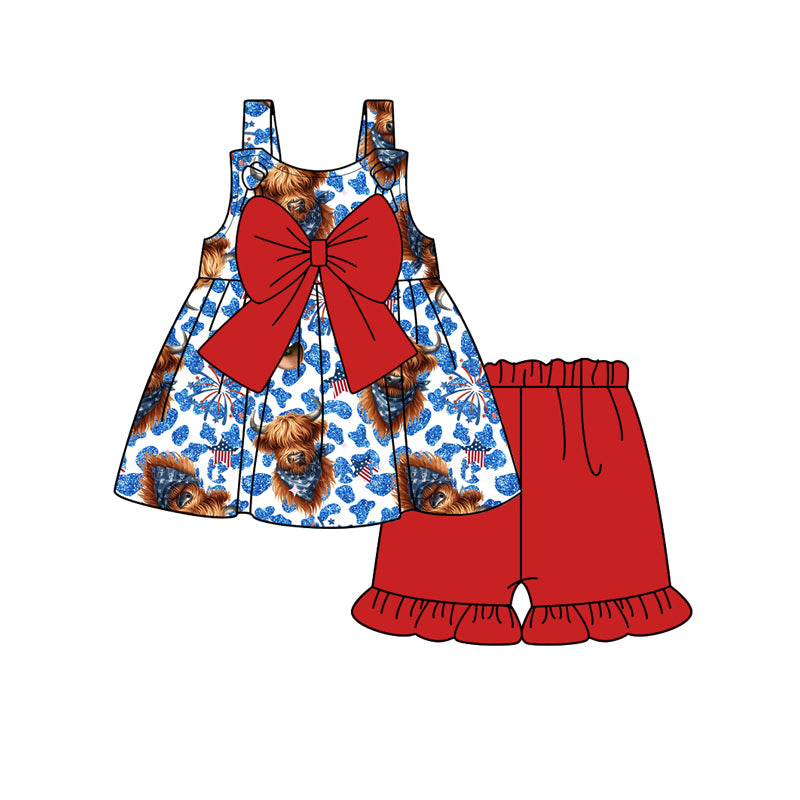 preorder GSD1906 July 4th highland cow blue leopard with bow sleeveless red shorts girls set