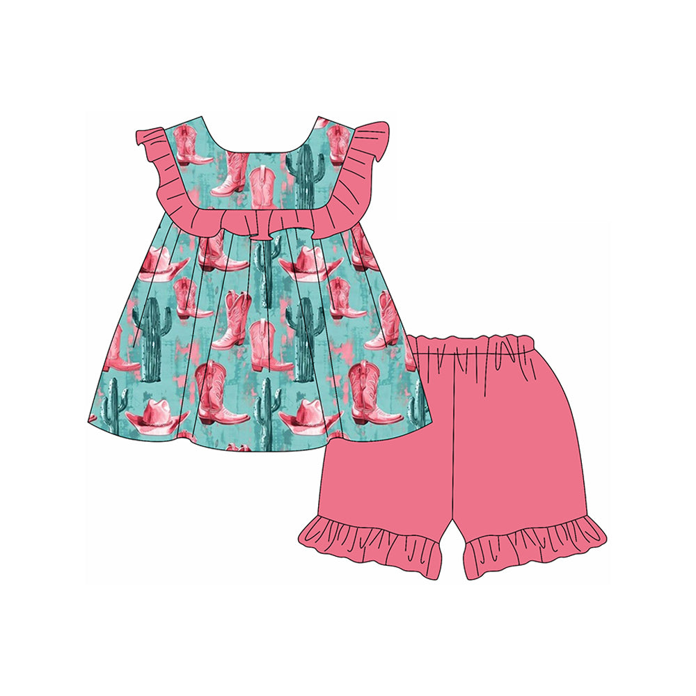 preorder GSSO2022 Western cactus boot pink ruffles pink shorts girls set
