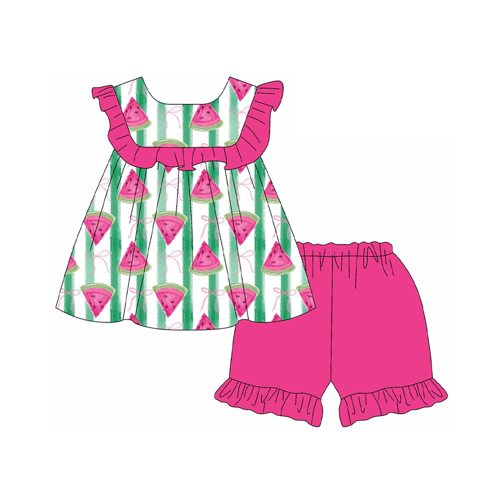 preorder GSSO2024 watermelon green striped ruffles sleeve hot pink shorts girls set