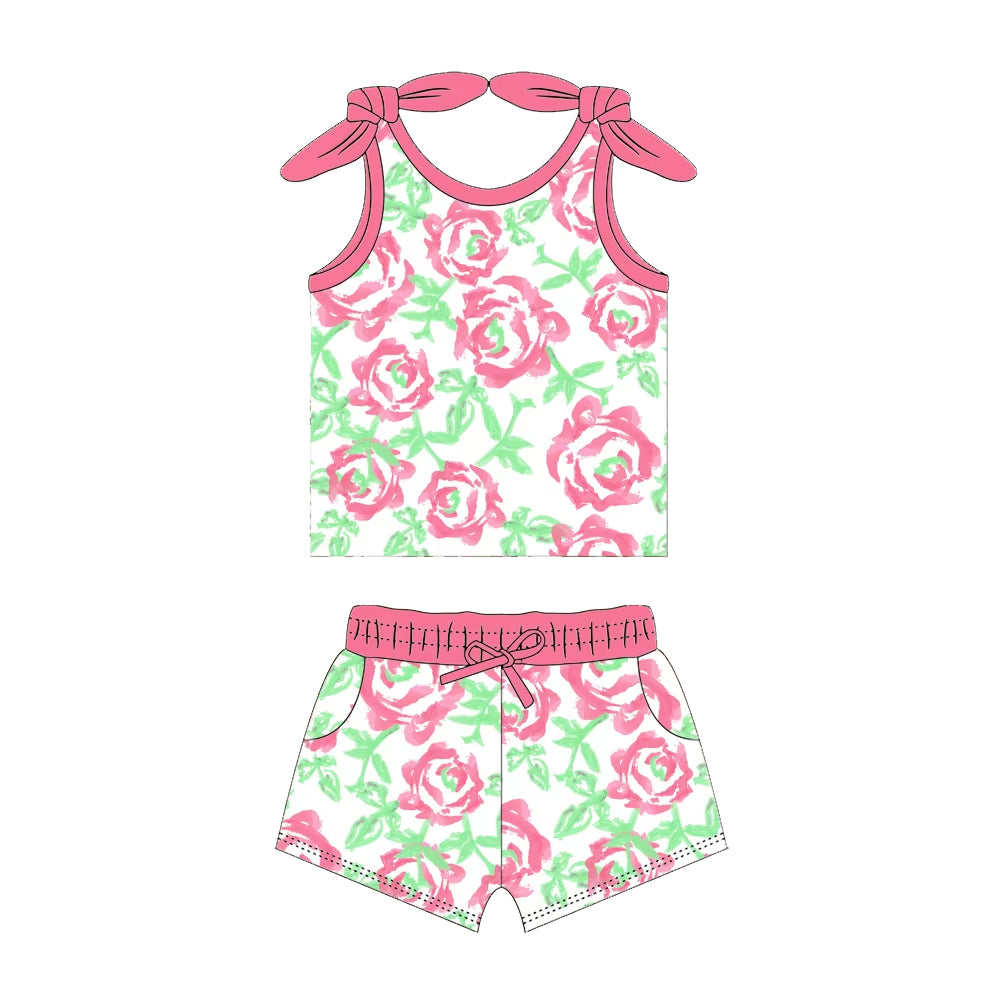 preorder GSSO2027 Summer pink rose flowers vest t-shirt shorts girls set