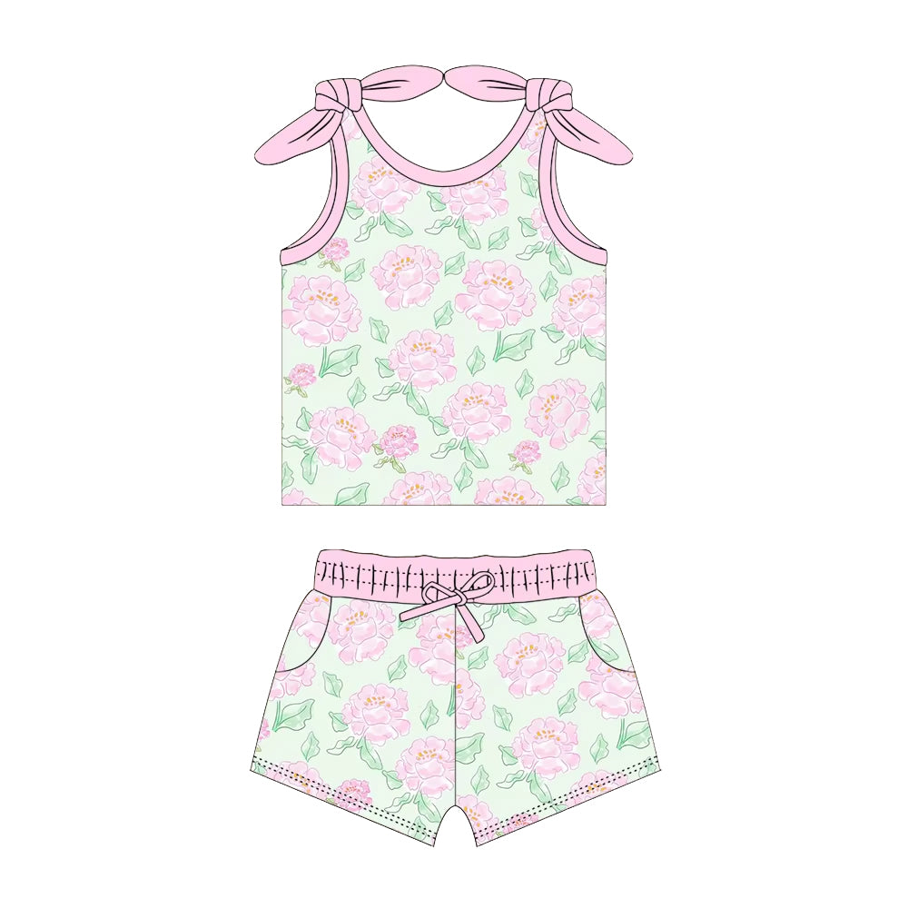preorder GSSO2028 Summer light pink flowers vest t-shirt shorts girls set