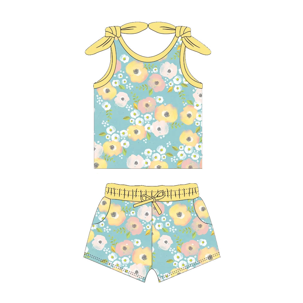 preorder GSSO2029 Summer yellow flowers vest t-shirt shorts girls blue set