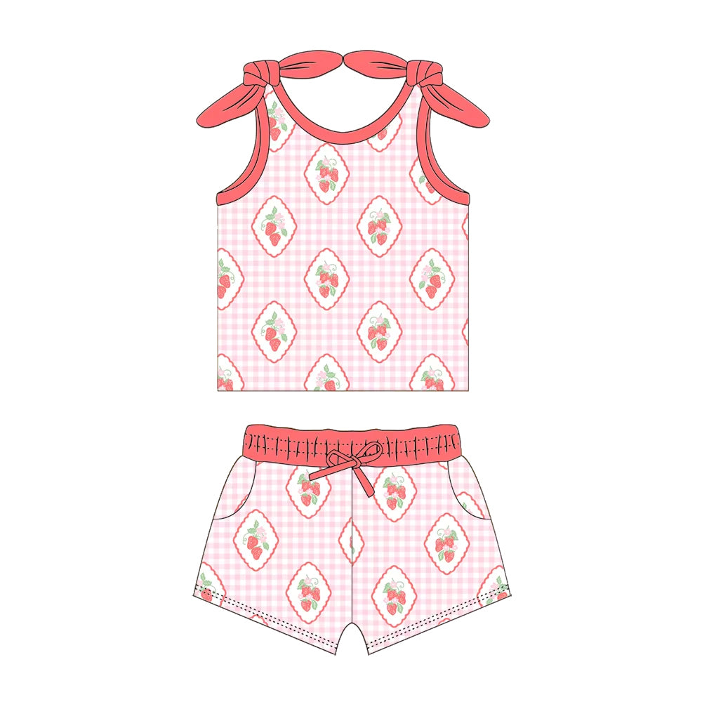 preorder GSSO2030 Summer strawberry pink checkered vest t-shirt shorts girls set