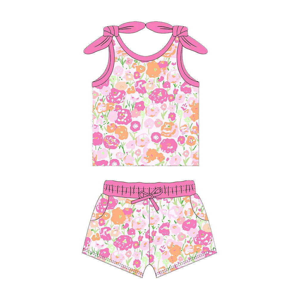 preorder GSSO2031 Summer hot pink flowers vest t-shirt shorts girls set