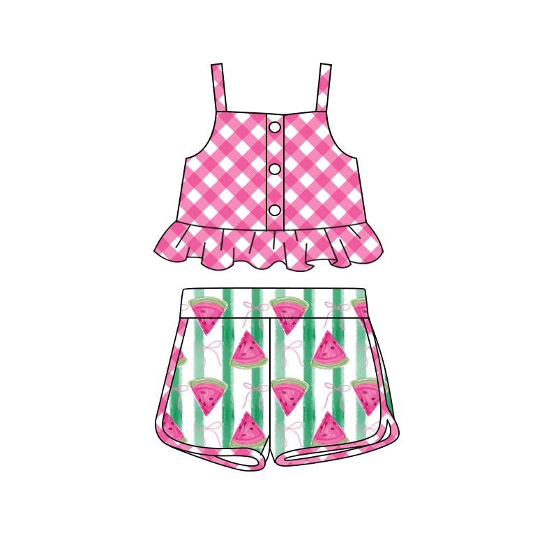 preorder GSSO2036 hot pink checkered camisole top watermelon striped shorts girls set