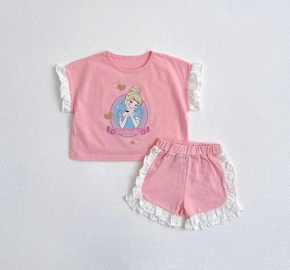 preorder GSSO2041 cartoon princess pink short sleeve ruffles shorts girls set