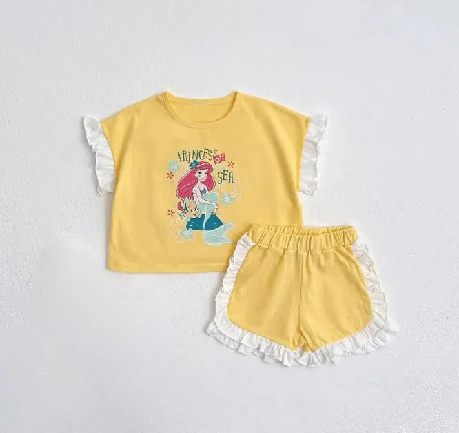 preorder GSSO2042 cartoon princess yellow short sleeve ruffles shorts girls set